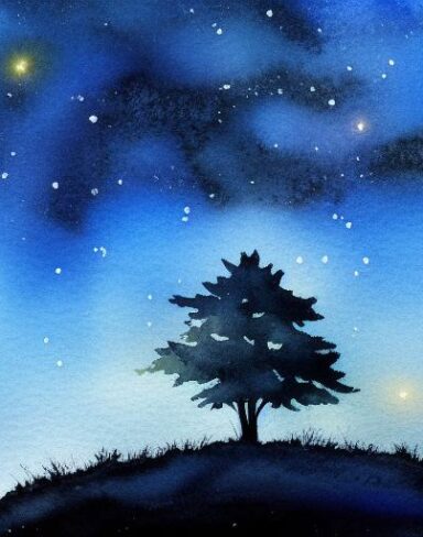 A watercolor painting of a tree in the night sky