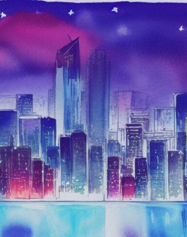 A watercolor painting of a view of a cityscape and buildings with night sky