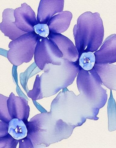 A watercolor painting of blue flowers on a white background by Sydney Carline