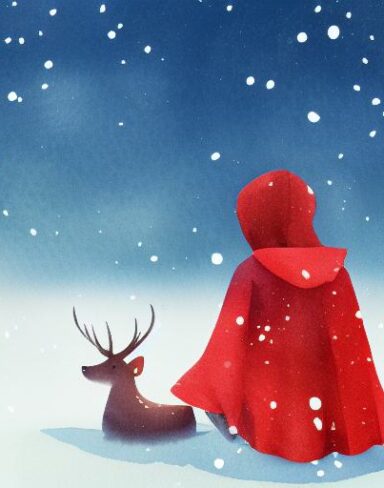 A watercolor painting of little girl with red hood facing backward sitting next to a deer and a snowman in the snow