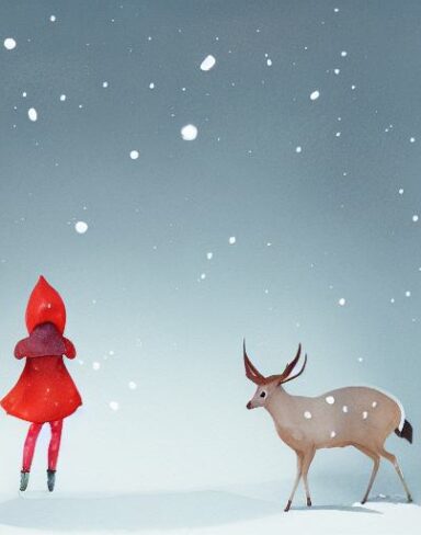 A watercolor painting of little girl with red hood facing backward standing next to a deer in the snow