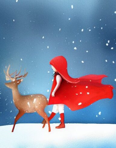 A watercolor painting of little girl with red hood facing backward standing next to a deer in the snow