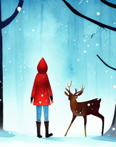 A watercolor painting of little girl with red hood facing backward standing next to a deer in the snow at night time