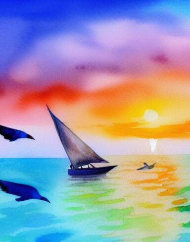 A watercolor painting of seagulls flying around a sailboat in the ocean at sunset with dolphins