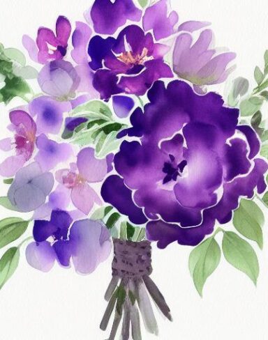 A watercolor painting of violet floral bouquet on a white background by Sydney Carline