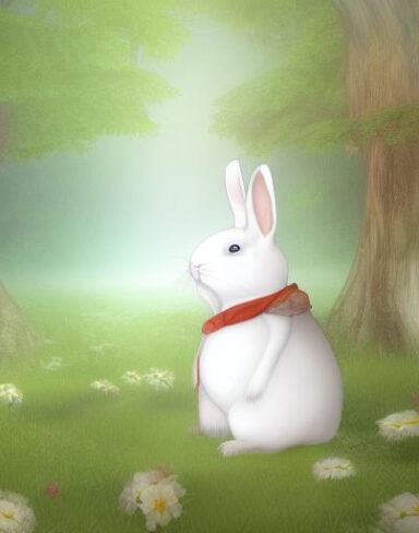 A white rabbit sitting in the middle of a forest in a serene moment with a fairy