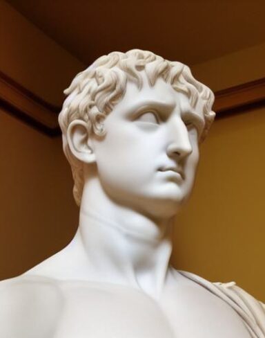 A white statue of one male a marble sculpture inspired by Augustus Dunbier