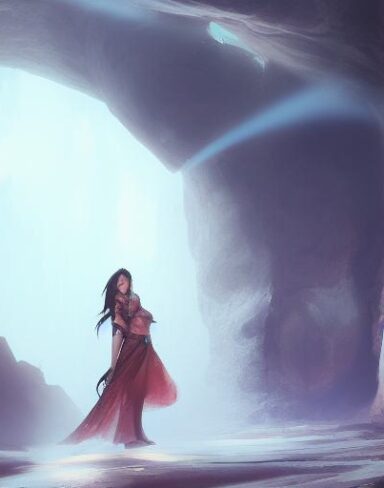 A woman standing inside a cave