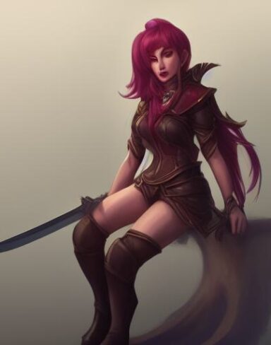 A woman that is sitting down with a sword