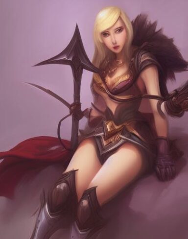 A woman that is sitting down with a sword