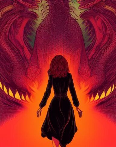 A woman that is standing near a dragon