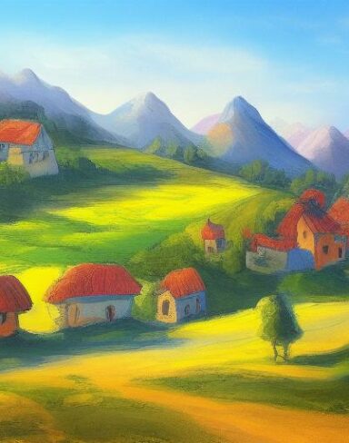 An art painting of a small village in the mountains