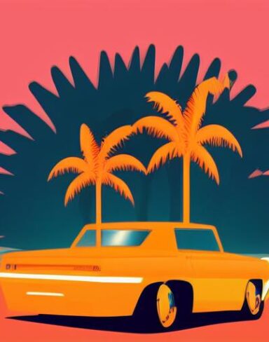An retro orange car with palm trees in the background