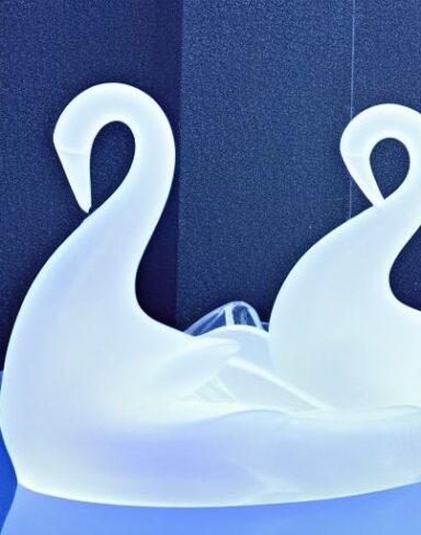 An tranquil ice sculpture of two flowing ice-made swans on a wave
