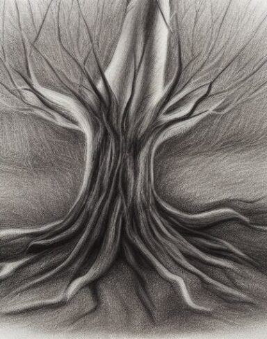 Black and white art drawing of a tree