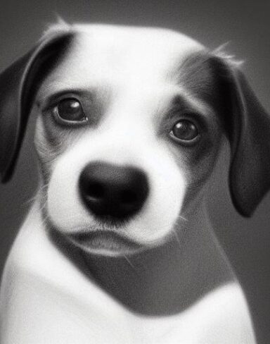 Black and white charcoal drawing of a puppy