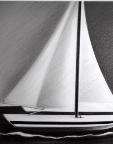 Black and white drawing of a sailboat