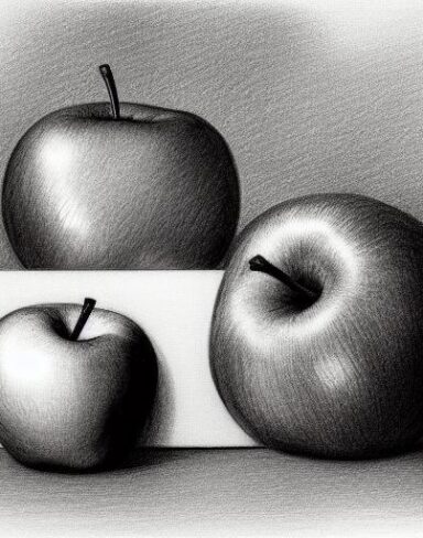 Black and white pencil drawing of a vase and apples on a table