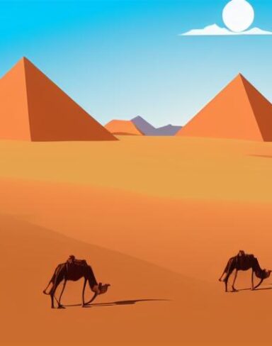 Camels walking across a desert
