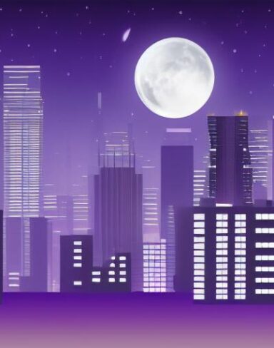 Cityscape at night with moon in the sky
