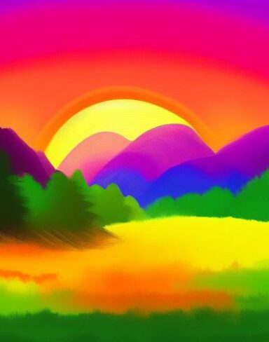 Colorful painting of the colorful landscape with mountains and trees