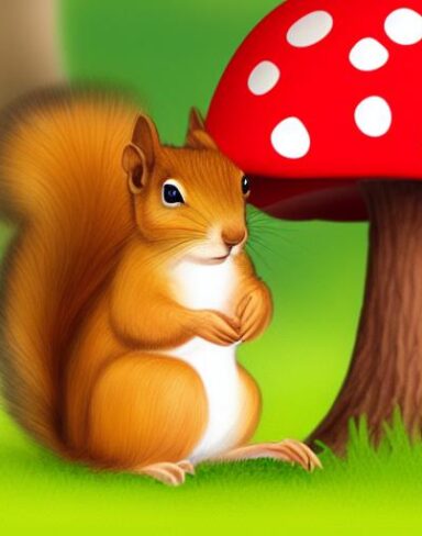 Couple of squirrels near some mushroom