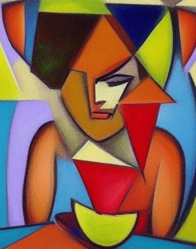 Cubism painting of a beautiful child sitting at a table with fruit trees