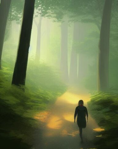 Digital art of a person walking through a forest