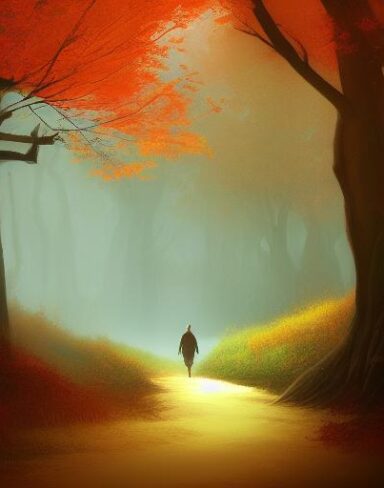 Fantasy digital art of a person walking through a forest
