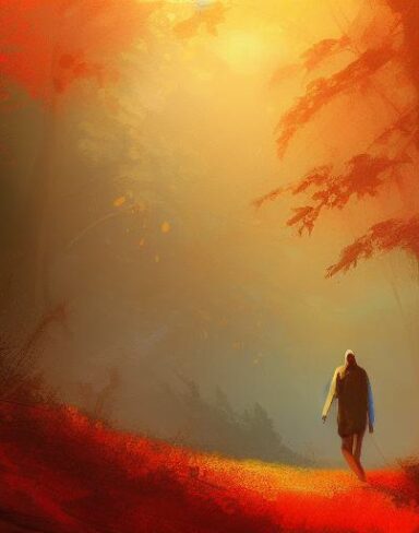 Joyful digital art of a person walking through a forest