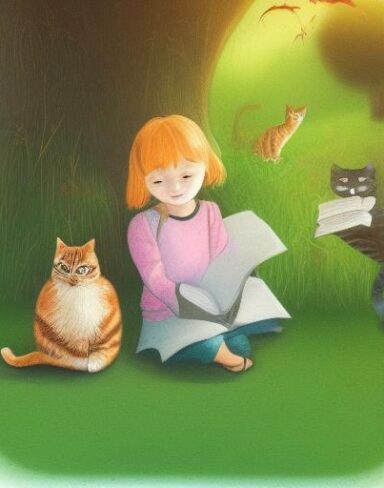 Little girl sitting next to a cat