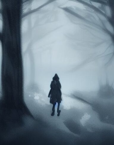 Melancholic digital art of a person walking through a forest