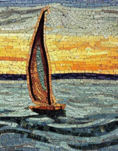 Mosaic of a sailboat on a body of water
