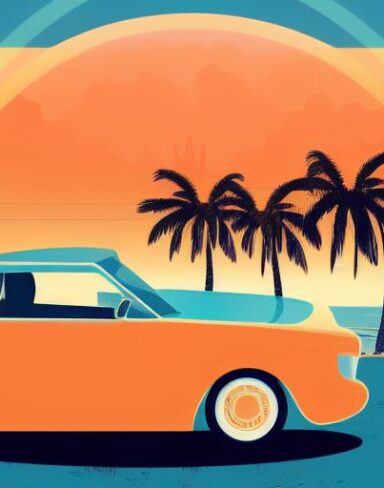 Orange car with palm trees in the background