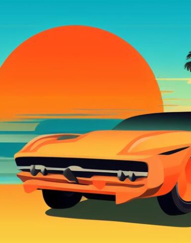 Orange car with palm trees in the background