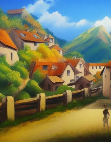 Painting of a small village in the mountains