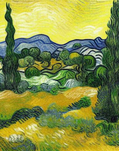 Painting of a wheatfield with some cypress trees