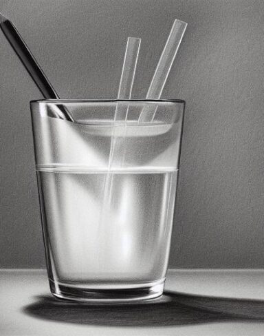 Pencil drawing of a glass of water on a table