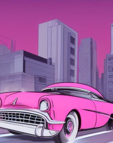 Pink car driving down a street at night