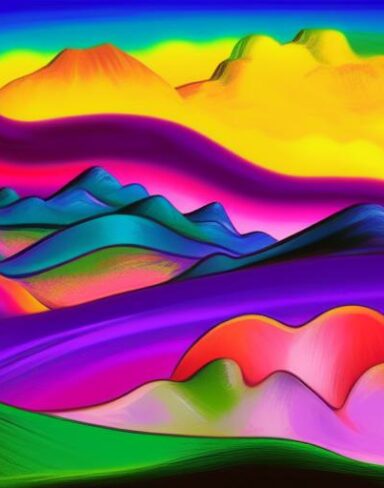 Psychedelic art of colorful landscape with mountains