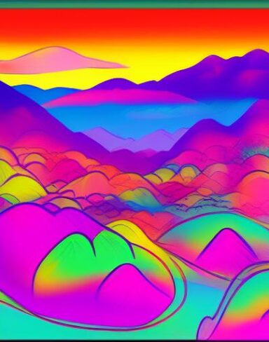 Psychedelic art of colorful landscape with mountains
