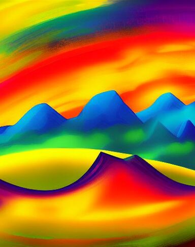 Psychedelic art painting of a landscape with mountains and trees
