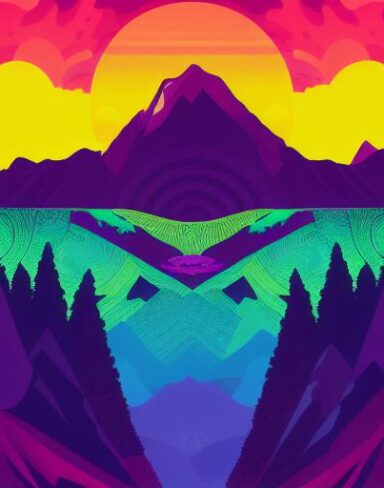 Psychedelic poster with mountains in the background