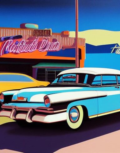 Retro art painting of a car parked near the restaurant