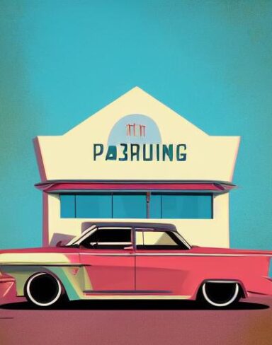 Retro car is parked in front of a restaurant