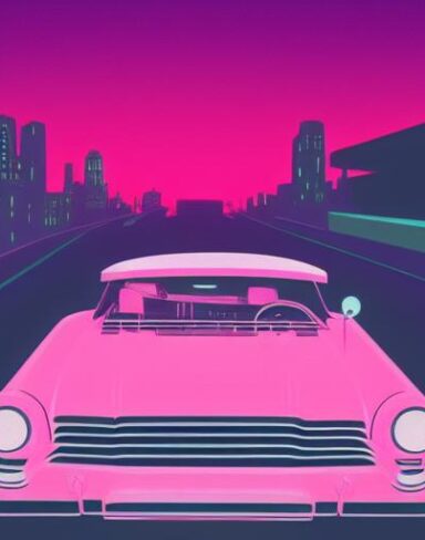 Retro pink car driving down a street at night