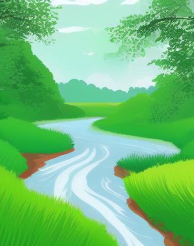 River running through a lush green field