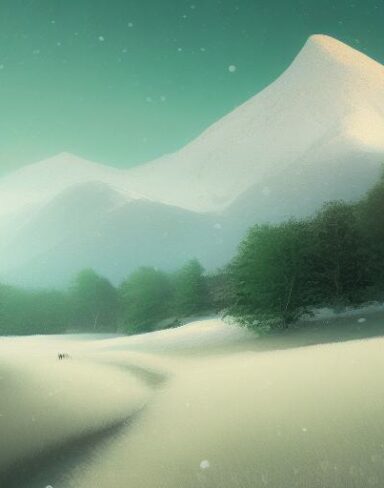 Snowing day with dim sunlight a painting of a green field with snow mountains in the background