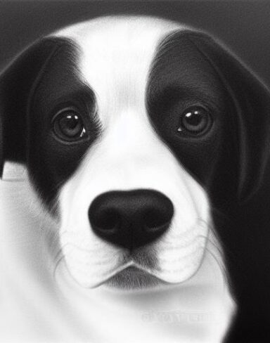 The black and white charcoal drawing of a dog