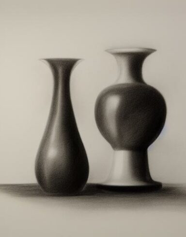 The black and white drawing of two vases and a bottle